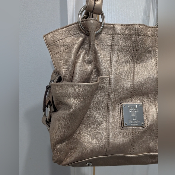 Tignanelle Metallic Gold Pebble Leather Double Handle with Zipper Shoulder Bag - Picture 2 of 13